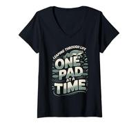 Women's Leaping Through Life One Lily Pad At A Time Frog V-Neck T-Shirt