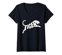 Womens Leaping Tiger Word Art Silhouette Typography Design V-Neck T-Shirt