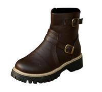 Women's Leather Ankle Boots, Mid-High Boots, Round Toe, Side Zip, Buckles, Structured Shanks, Thick Notched Sole, Thin Fit British Style Boots for Mid Season Daily City, 01 Brown, 4 UK