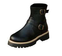 Women's Leather Ankle Boots, Mid-High Boots, Round Toe, Side Zip, Buckles, Structured Shanks, Thick Notched Sole, Thin Fit British Style Boots for Mid Season Daily City, 01 Black, 4 UK