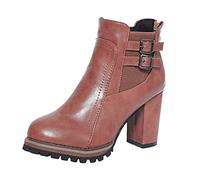 Womens Leather Ankle Boots Wide Fit Square Heel Chelsea Boots for Women UK Ladies Stylish Short Wellies Lightweight Zipper Single Boot Solid Colour Slip On Outdoor Walking Shoes Brown