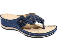 Women's Leather Arch Support Diabetic Walking Sandals, Summer Adjustable Anti-Slip Platforms Orthotic Wedge Sandals, Comfort Sandals,Blue,US11/EU43