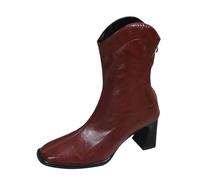 Women's Leather Boots, Black with Heel, Ankle Boots with Zip, Square Head, Leather Boots, Western Boots, Half Boots, Shiny Slip-On Boots, Faux Leather, Short Boots, Women's Boots, red, 6 UK