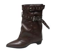 Women's Leather Boots, Elegant Belt Buckle, Winter Boots, Non-Slip, coffee | Boots Women's Retro Fashion Punk Half Boots Loose Half Height Women's Boots Waterproof Winter Shoes Slip On Wedge Ankle Boots