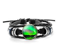 Women'S Leather Bracelet,Vintage Boho Braided Adjustable Punk Genuine Leather Charm Buttons Glass Green Aurora Borealis Multilayer Black Leather Bracelets For Men Women Boys