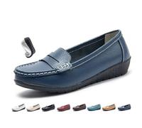 Women's Leather Breathable Moccasins Shoes, Comfortable Walking Flat Loafers, Ladies Classic Leather Orthopedic Penny Loafers (Dark Blue,6.5)