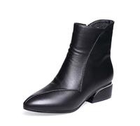 Women's Leather Chunky Heel Ankle Boots with Side Zipper, Fashion Pointed Toe Stitching Boots, Retro Low Heel Short Bootie Dress Shoes (Black,3.5)