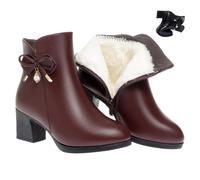 Women's Leather Chunky Heels Ankle Booties, Sparkling Rhinestones Leather Boots Warm Fully Fur Lined Side Zipper High Heels Snow Boot (Brown-A,35EU)