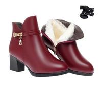 Women's Leather Chunky Heels Ankle Booties, Sparkling Rhinestones Leather Boots Warm Fully Fur Lined Side Zipper High Heels Snow Boot (Red-B,36EU)