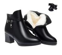 Women's Leather Chunky Heels Ankle Booties, Sparkling Rhinestones Leather Boots Warm Fully Fur Lined Side Zipper High Heels Snow Boot (Black-B,41EU)