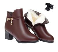 Women's Leather Chunky Heels Ankle Booties, Sparkling Rhinestones Leather Boots Warm Fully Fur Lined Side Zipper High Heels Snow Boot (Brown-B,38EU)