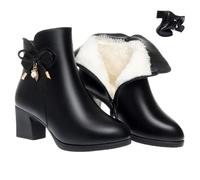 Women's Leather Chunky Heels Ankle Booties, Sparkling Rhinestones Leather Boots Warm Fully Fur Lined Side Zipper High Heels Snow Boot (Black-A,38EU)