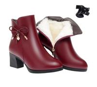 Women's Leather Chunky Heels Ankle Booties, Sparkling Rhinestones Leather Boots Warm Fully Fur Lined Side Zipper High Heels Snow Boot (Red-A,35EU)