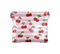 Women's Leather Coin Change Purse Pink White Striped Fruit Cherry