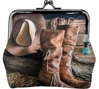 Women's Leather Coin Purse,Cowgirl Boots Hat in Farm Wallets Leather Change Pouch with Kiss Lock Clasp Buckle Change Purse