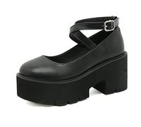 Women's Leather Dress Shoes Mid Heel Mary Jane Round Toe Oxfords Platform Dress Pumps Shoes High Heels Black