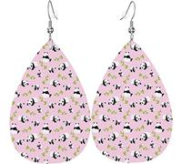 Women's Leather Earrings Pink Green Bamboos Pandas Dangle Drop Earring for Girls