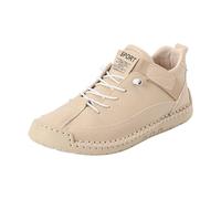 Women's Leather Flat Loafers 5.5 UK Retro High Top Boots with Elastic Band Round Toe Non-Slip Walking Shoes Casual Driving Daily Business Sneakers Beige Gift