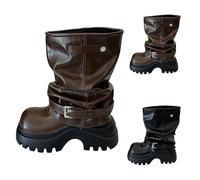 Women's leather half boots, wide shaft boots with heel, non-slip leather boots, thick sole, wide shaft, winter round thick heel, short plain boots, belt buckle, transition boots, brown, 5 UK
