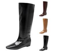Women's Leather Hidden Wedge Heel Knee High Boots Flat Low Wedge Elegant Pull on Square Toe Fall Winter Knight Booties Tall Boots UK 6.5 Ladies Black Footwear