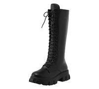 Women's Leather High Boots - Lace Up Riding Boots with Side Zip, Round Toe, Long Shanks, Thick Notched Sole, British Style Structured Line for City, Autumn, Winter and Daily, 01 Black, 9 UK