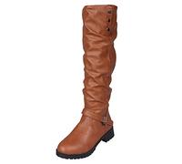 Women's Leather High Riding Boots Women's Warm Low Knee Boots Comfort Casual Buckle Long Shaft Round Toe Cap Knee High Boots with Heel Waterproof Lightweight Winter Boots, Braun21, 7 UK
