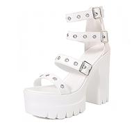 Women's Leather Hollow Out Platform Chunky Heel Roman Sandals Fashion One Bands Round Open Toe Back Zipper Summer Goth Pumps Sandals For Party Wedding(White,6.5 UK)
