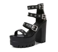 Women's Leather Hollow Out Platform Chunky Heel Roman Sandals Fashion One Bands Round Open Toe Back Zipper Summer Goth Pumps Sandals For Party Wedding(Black,5 UK)