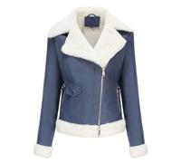 Women's Leather Jacket Warm Fleece Winter Bomber Jacket Coat Windbreaker Thick Lapel Collar Motorcycle Leather Jacket,Blue,XL