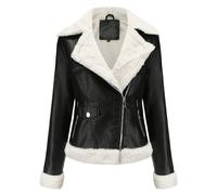 Women's Leather Jacket Warm Fleece Winter Bomber Jacket Coat Windbreaker Thick Lapel Collar Motorcycle Leather Jacket,Black,M
