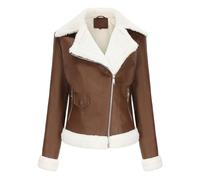 Women's Leather Jacket Warm Fleece Winter Bomber Jacket Coat Windbreaker Thick Lapel Collar Motorcycle Leather Jacket,Coffee,S