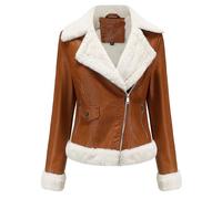 Women's Leather Jacket Warm Fleece Winter Bomber Jacket Coat Windbreaker Thick Lapel Collar Motorcycle Leather Jacket,Camel,M
