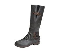 Womens Leather Knee High Boots Cowboy Booties Biker Riding Mid Calf Cowgirl Boots Retro Waterproof Longline Western Trucker Shoes Comfortable Street Walking Footwear Size 3-7