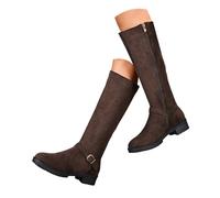 Women's Leather Knee - High Boots UK Winter Western Cowboy Style Warm & Comfortable for Casual Daily & Outdoor Scenarios with Square Toe Block Heel Vintage Brown - Stylish, Durable & Trendy