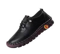 Women's Leather Lace-Up Running Trainers, Sports Shoes, Round Toe Derby Shoes, Exposed Stitching, Thick Soft Sole, Large Size, Retro Casual Walking Spring Daily Office, 01 Black, 9.5 UK