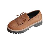 Women's Leather Loafers Loafers and Loafers Round Toe Closed Shank Decorative Fringes Bow on the Upper Thick Sole Notched Derbies for City Office Daily Preppy Style, 01 Brown, 4 UK