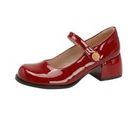 Women's Leather Mary Jane Shoes Elegant Wedding Shoes with Block Heel, Wine Red, 7 UK