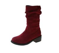 Women's Leather Mid-Height Half Boots with Heel Slip-On Boots Flock Knight Boots Block Heel Cowboy Boots Comfortable Women's Boots Casual Winter Boots Round Western Boots Plain Boots, Wine Red, 8.5 UK