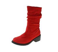 Women's Leather Mid-Height Half Boots with Heel Slip-On Boots Flock Knight Boots Block Heel Cowboy Boots Comfortable Women's Boots Casual Winter Boots Round Western Boots Plain Boots, red, 4 UK