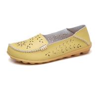 Womens Leather Moccasins Breathable Non-Slip Work Casual Nurse Round Toe Wild Walking Soft Shoes Casual Slip On Driving Shoes Loafer Light Yellow