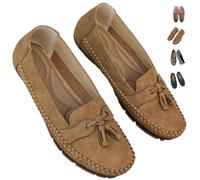 Women's Leather Moccasins Flat Casual Loafers Slip on Round Toe Comfortable Driving Shoes Bow Knot Lightweight Walking Flats (6.5,A-Apricot)