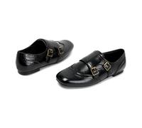 Womens Leather Monk Strap Loafers, Cap Toe Slip-Ons Black