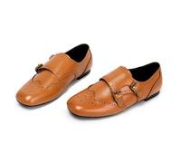 Womens Leather Monk Strap Loafers, Cap Toe Slip-Ons Brown