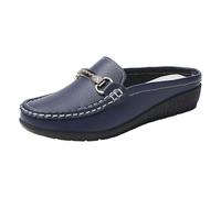 Women's Leather Mules Solid Color Metal Decor Backless Slip On Round Toe Wedge Heel Cushioned Lightweight Soft Insole Comfortable Classic Casual Shoes Indoor Outdoor Fashion Footwear