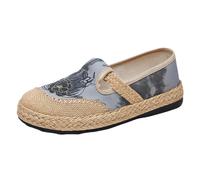 Womens Leather oafers Size 4 Autumn Ethnic Style Embroidery Casual Comfortable Linen Shoes Single Shoes Light Breathable Casual Shoe Women oafers Grey