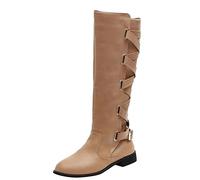 Women's Leather Over Knee Boots Lace Up Boots Warm Winter Boots Fashion Buckle Belt Hiking Shoes Daily Ultra Comfortable Barefoot Shoes, khaki, 4 UK