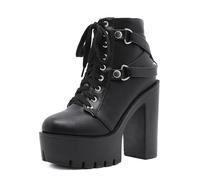 Women's Leather Platform High Heels Combat Ankle Boots With Side Zipper Fashion Comfort Round Toe Lace Up Lug Sole Chunky Heel Goth Booties for Party Prom Dress Boots, Black, 3 UK