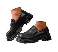 Women's Leather Slip-on Thick Loafers Solid Color Platform Non Slip Supportive Padded Soft Insole Vintage Casual Shoes Office Work Vacation Picnic Outdoor Daily Walk Footwear Black