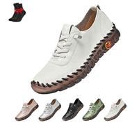 Women's Leather Soft Bottom Flat Slip On Loafers, Women's Leather Sneakers Soft,Comfort Orthopedic Shoes(White,7 UK)