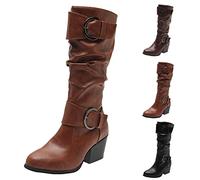 Women's Leather Square Heel Ankle Boots, High Thigh High Women's Large Size, Ankle Boots with Buckle Strap Boot Calves Thin Boots Big Calf Boot Solid Colour Versatile Shoe Autumn Winter Boot, coffee